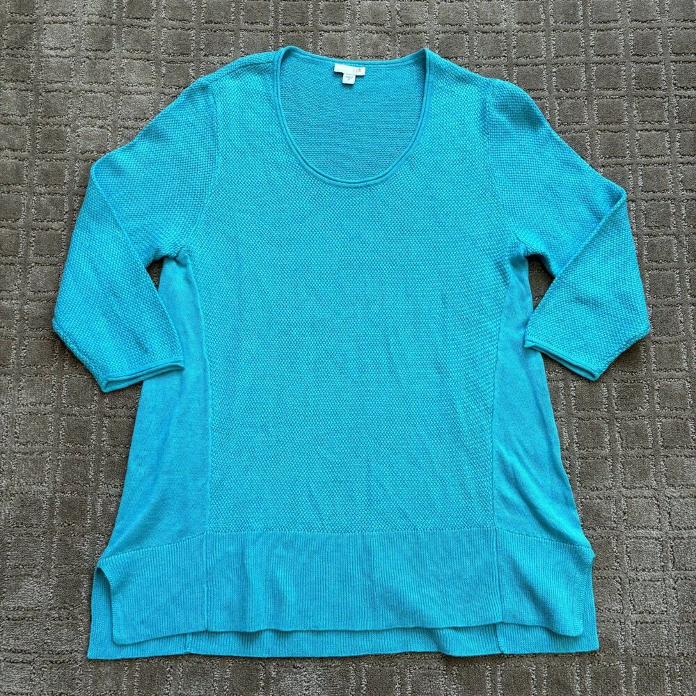 J. Jill Linen Blend Sweater Tunic Women's M 3/4 Blue Sleeve Scoop Neck Knit